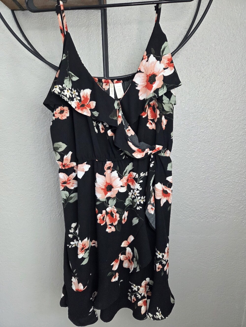 Floral Ruffle Cami Dress in Black with Coral Blooms